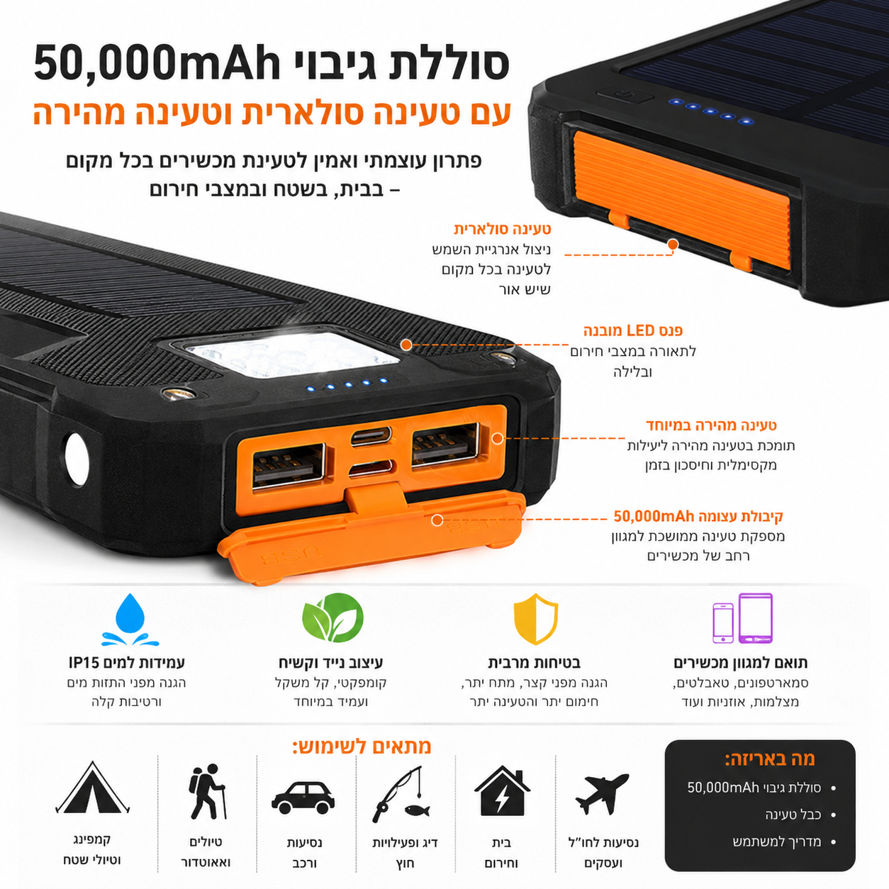 מטען סולארי נייד mAh 50000 סוללה חיצונית לטעינה מהירה, עמיד למים עם פנס דלק איתן – תמונה 5