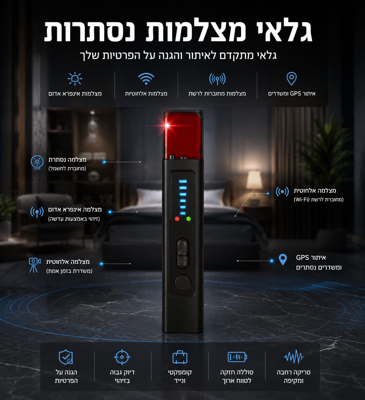 גלאי מקצועי לאיתור מצלמות נסתרות, מכשירי האזנה ומשדרי GPS – דלק איתן – תמונה 2