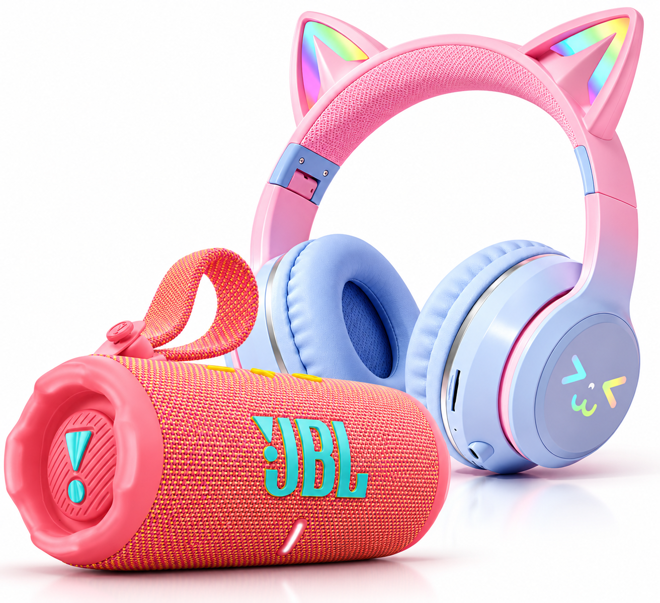 רמקול JBL Charge 6 ורוד + אוזניות Bluetooth עם אוזני חתול מוארות | דלק איתן